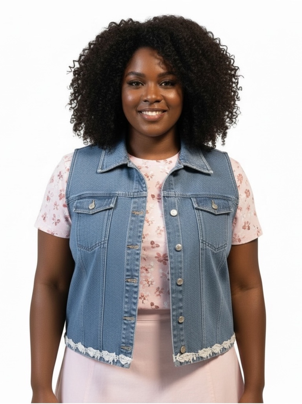 Vintage 90’s L.A. Blues Denim Vest with White Lace Trim - Size 26/28W